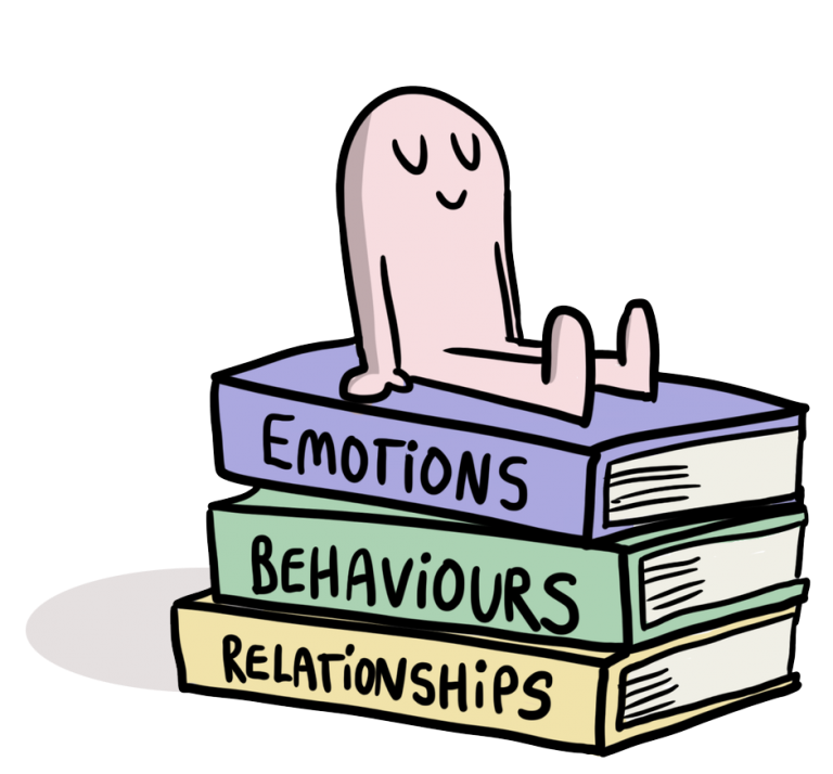 Cartoon stack of books labeled emotions, behaviours, relationship